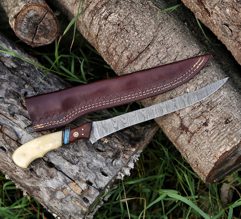 Custom Handmade Damascus Steel Fishing Fillet Knife - 13" Blade with Camel Bone and Rosewood Handle & Leather Sheath | Best Flexible Fillet Knife