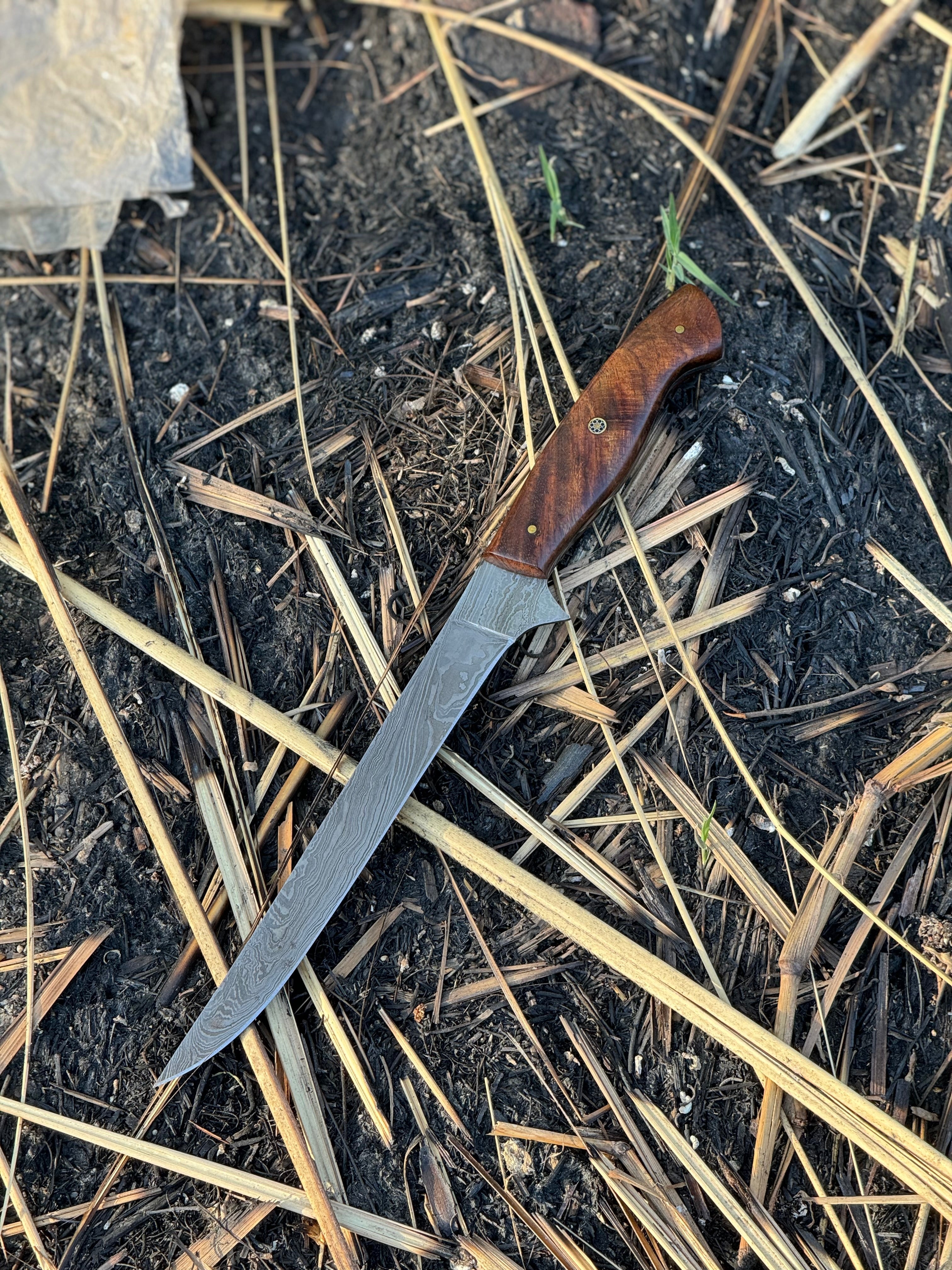 Custom Handmade Damascus Steel Fishing Fillet Knife - 13" Blade, Rosewood Handle with Steel Bolster & Leather Sheath | Superior Flexible Fillet Knife