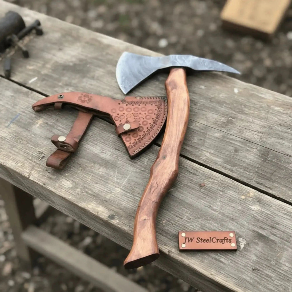 Handmade Damascus bearded spike tomahawk with forged spike poll, featuring intricate pattern and sturdy handle from JW SteelCrafts.