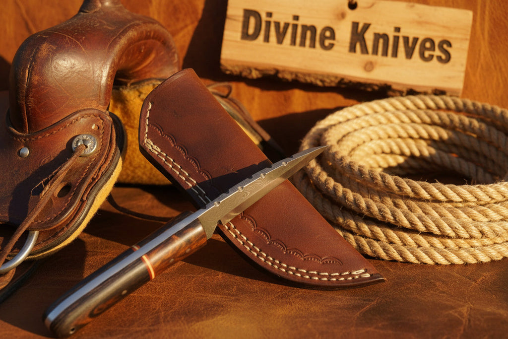 Copper Banded Two-Tone Wood Damascus Clip Point Hunting Knife