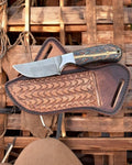 Handmade ranch cowboy EDC knife with Damascus steel blade and leather belt sheath by cskforged, 7.5 inches long.