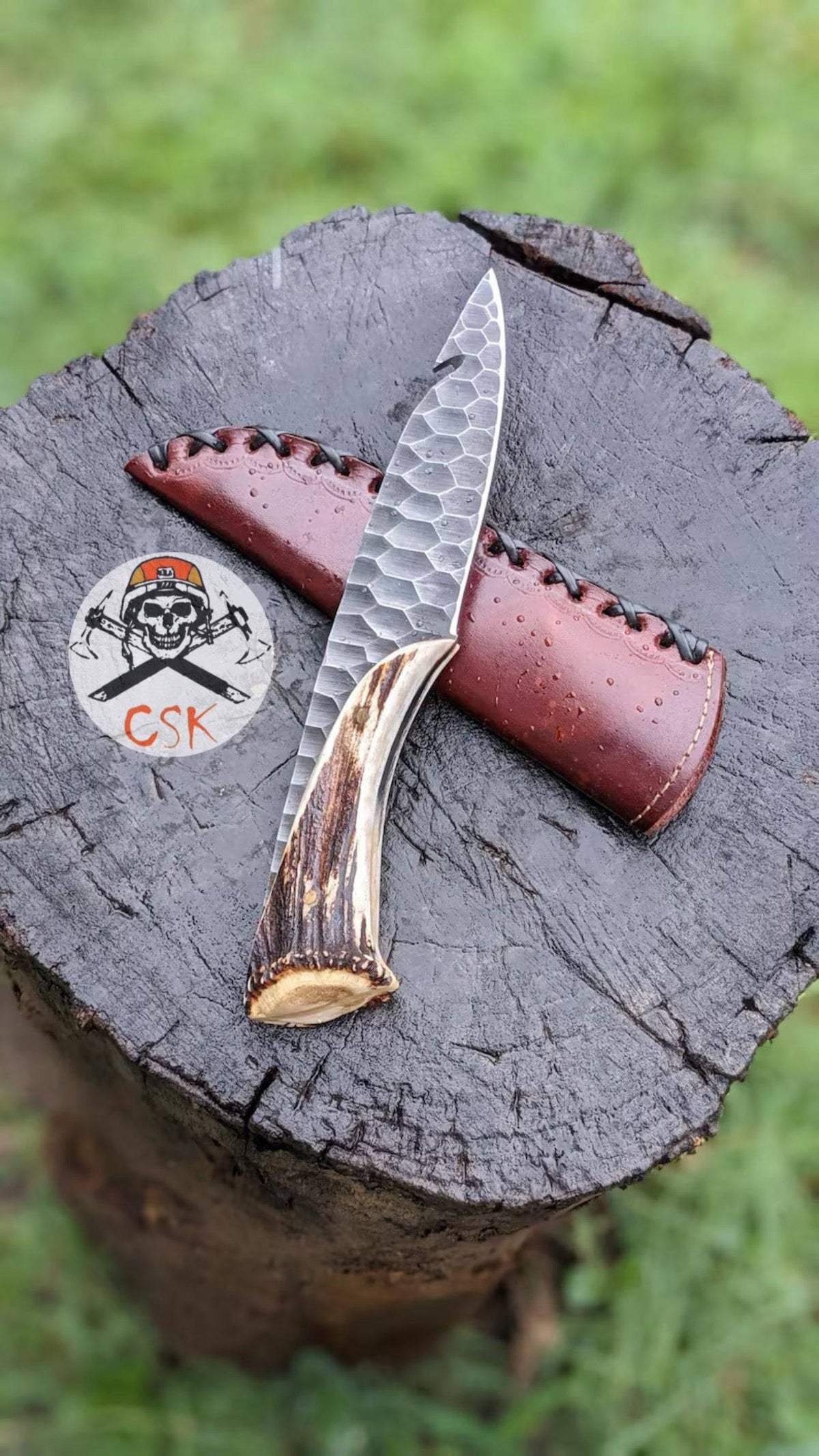 Custom stone texture Viking hunting knife by cskforged, hand-forged 1095 steel with vintage finish and detailed blade design.