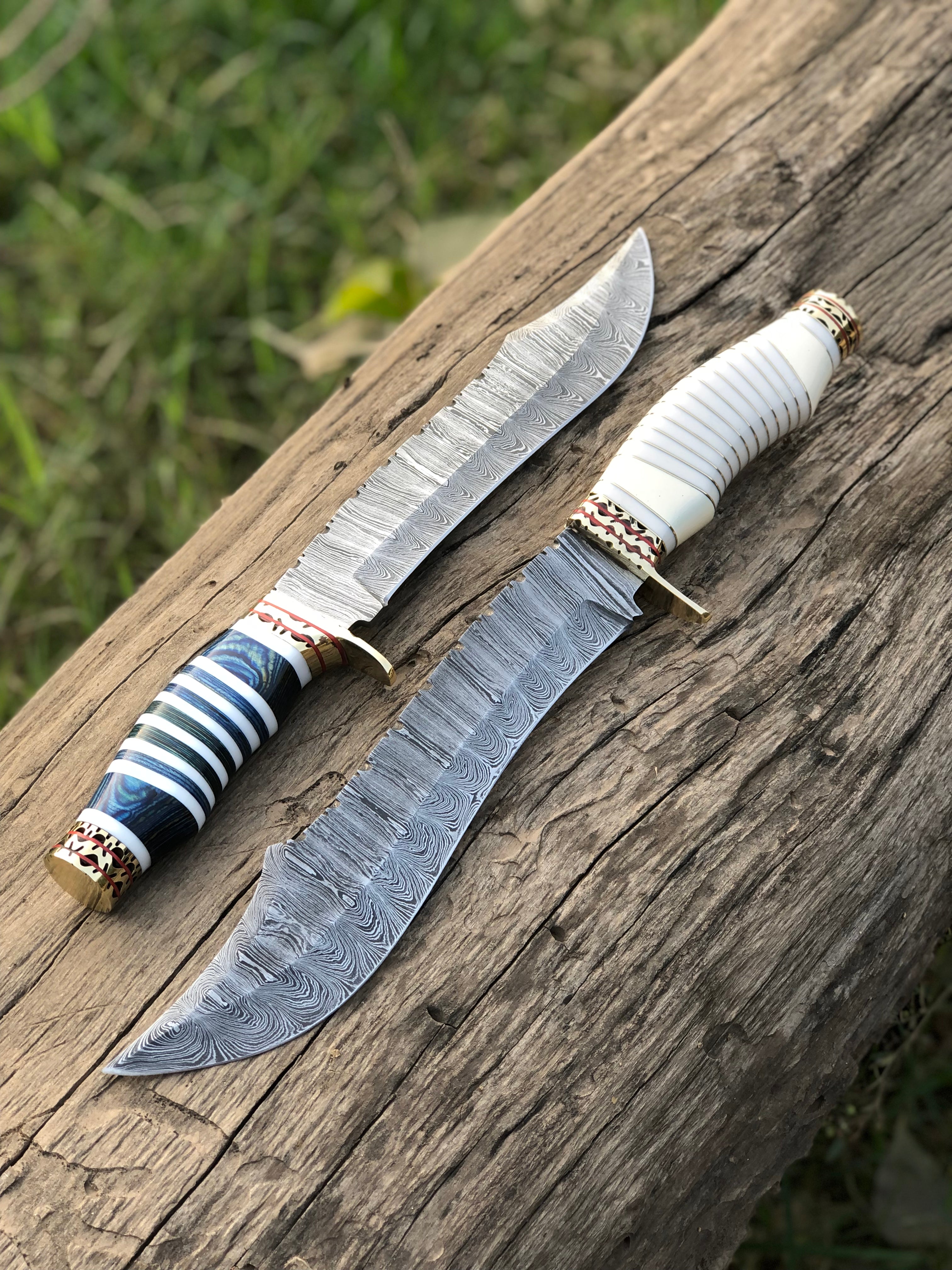 Custom Handmade Damascus Steel Bowie Knife with Brass Guard, Camel Bone and Brass Wood Handle - 13”