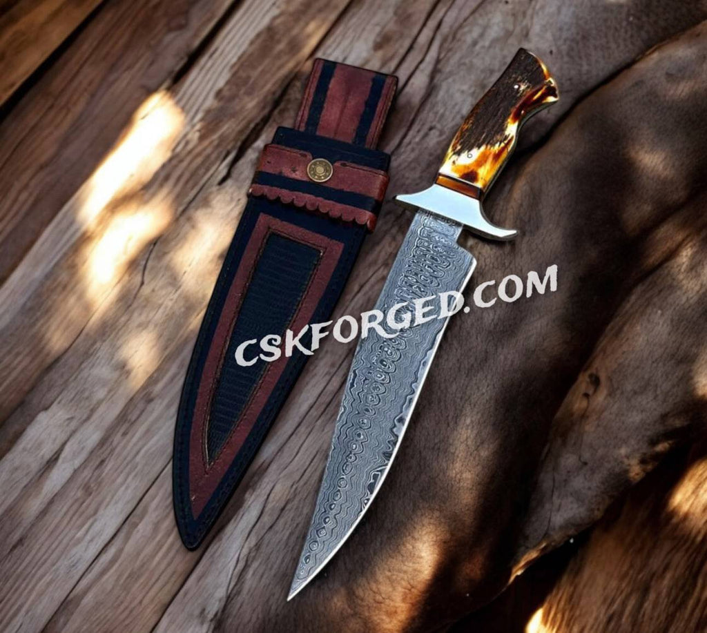 Handforged Damascus Steel 'Dragon Slayer' hunting knife by cskforged with stag handle, collector’s edition, detailed blade and handle design