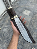 Custom handmade Damascus steel Crocodile Dundee Bowie knife with brass guard and leather handle, 16-inch blade from Knives Gear Garage.