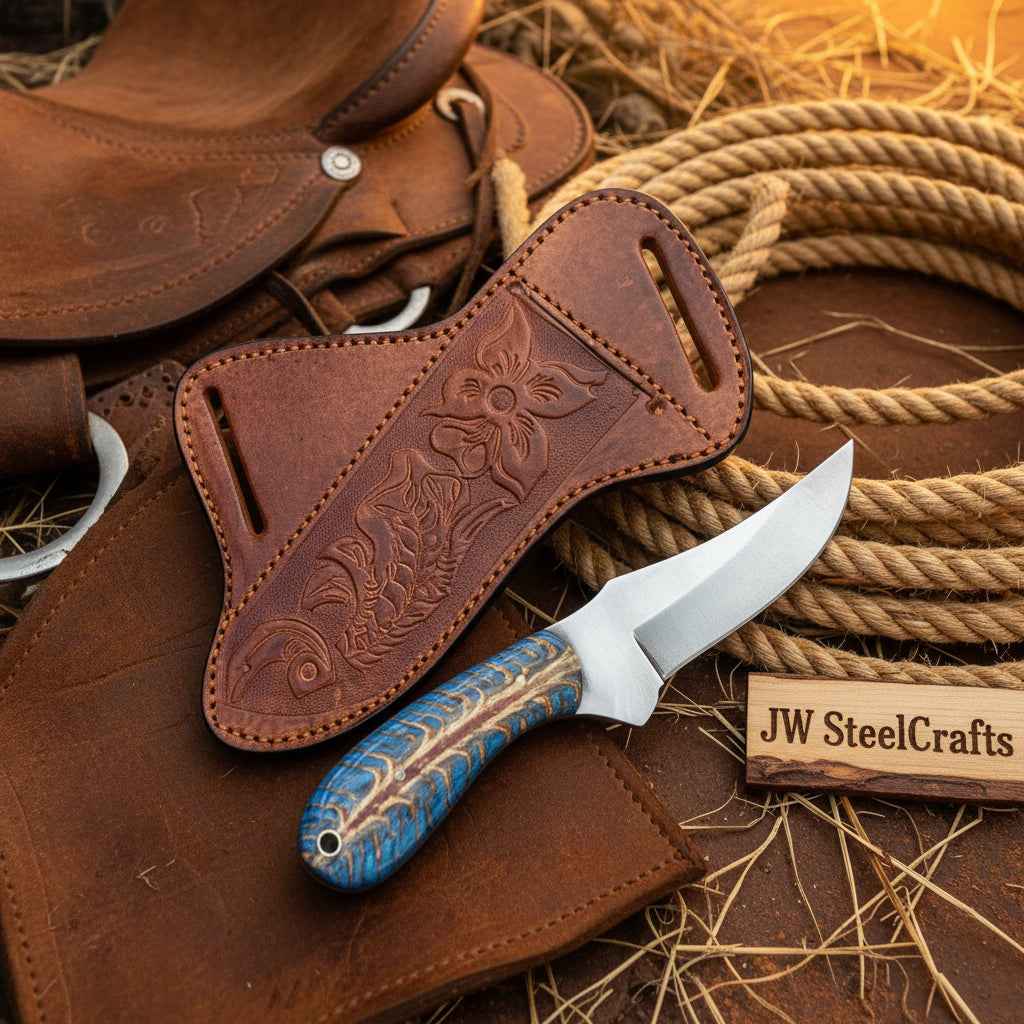 Handmade JW SteelCrafts Antler Ridge Skinner Knife with 8-inch Damascus blade and stag horn handle, detailed close-up image