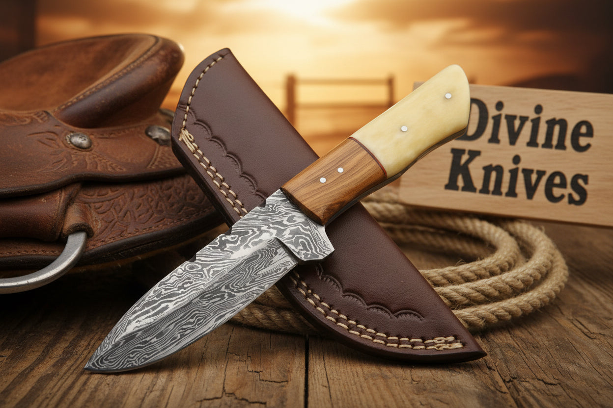 Bone and Wood Accent Damascus Knife Built for Field Dressing