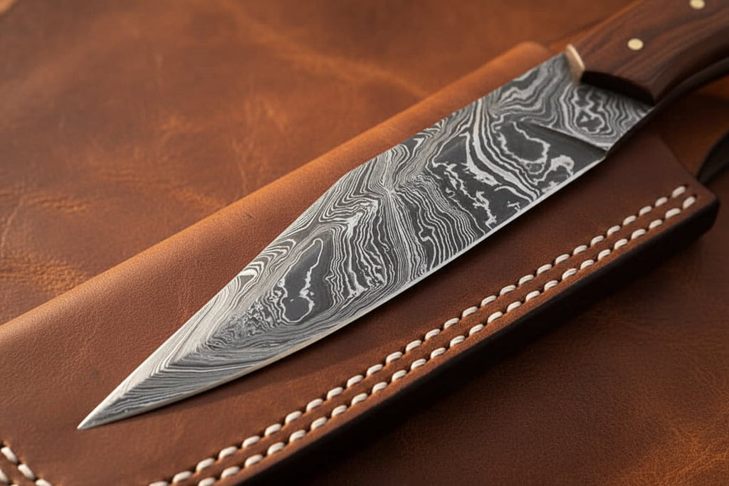 Barrel Grip Damascus Broken-Back Seax Knife with Bone and Wood Handle