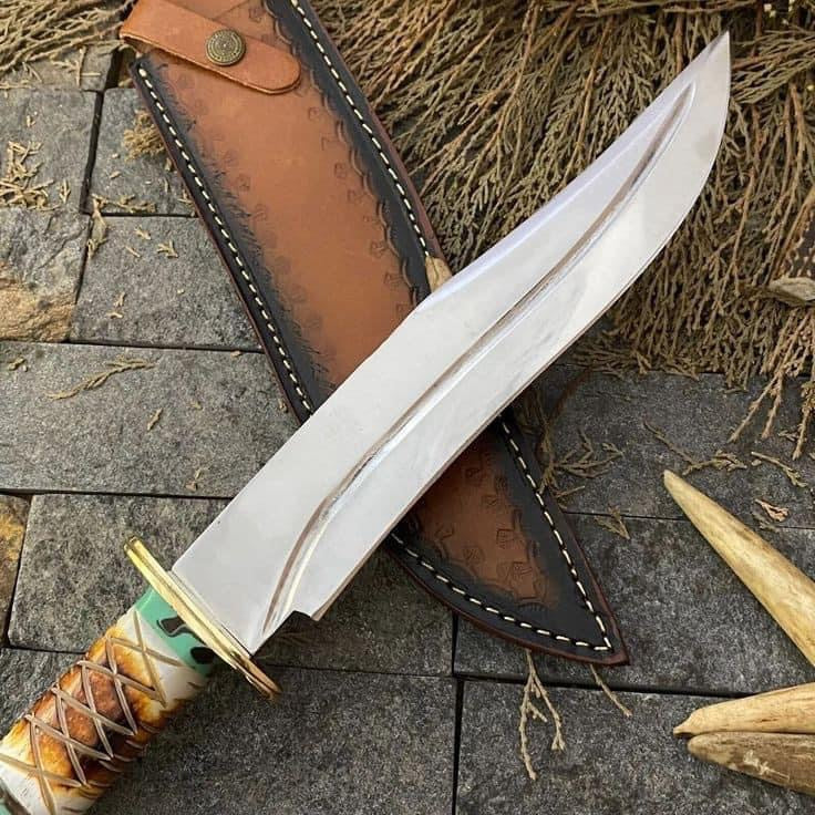 Custom handmade J2 steel Bowie knife with rosewood, bone, and brass guard handle, 16-inch overall length.