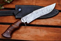 Custom Handmade Damascus Steel Bowie Knife with Steel Guard and Rosewood Handle, Includes Leather Sheath
