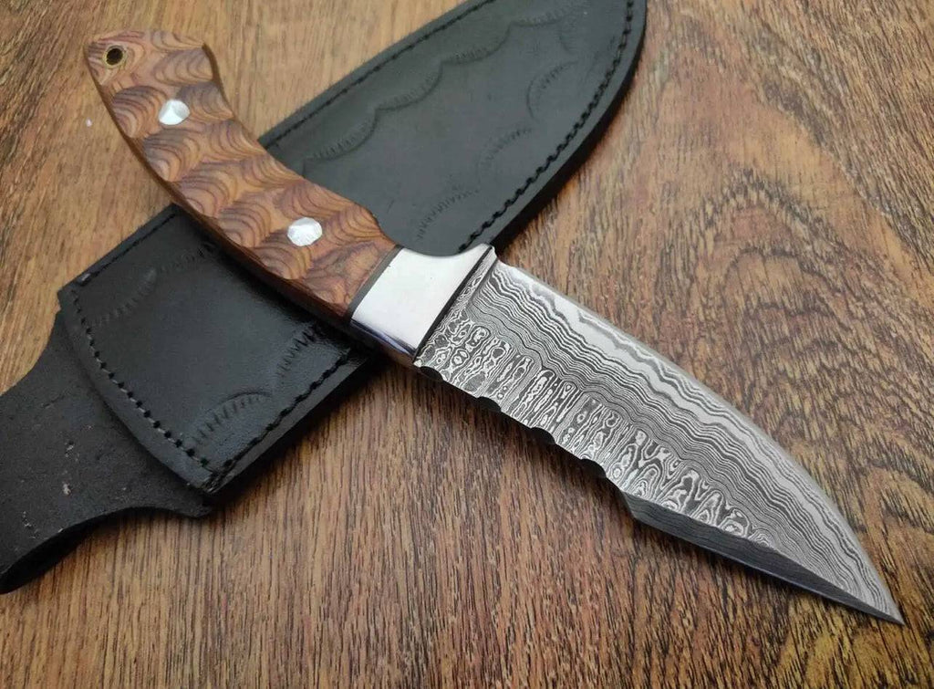 Custom handmade Damascus steel Bushcraft hunting knife with wooden handle from Knives Gear Garage, perfect for camping and outdoor use.