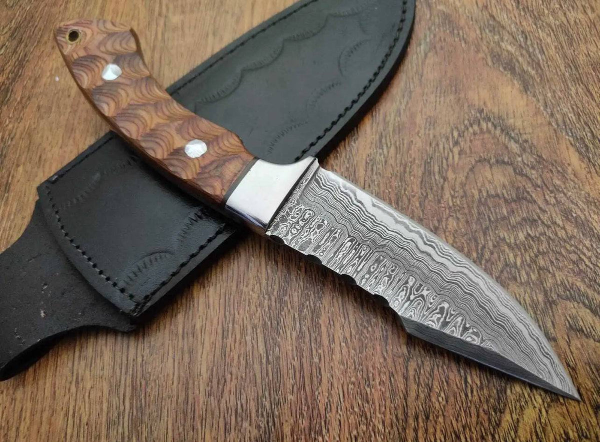 Custom handmade Damascus steel Bushcraft hunting knife with wooden handle from Knives Gear Garage, perfect for camping and outdoor use.