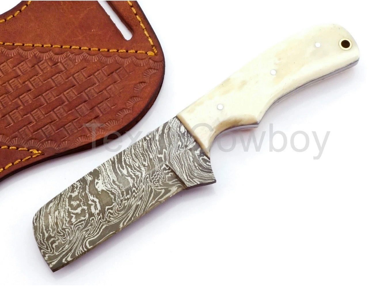 Damascus Camel Bone Tanto Bull Cutter with a Sharp Angular Point