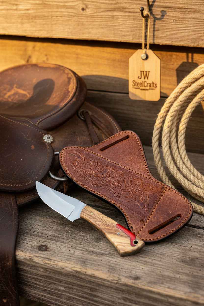 JW SteelCrafts Rancher's Dualwood Cowboy Knife with 7-inch handmade blade, featuring Pakka and olive wood handle.