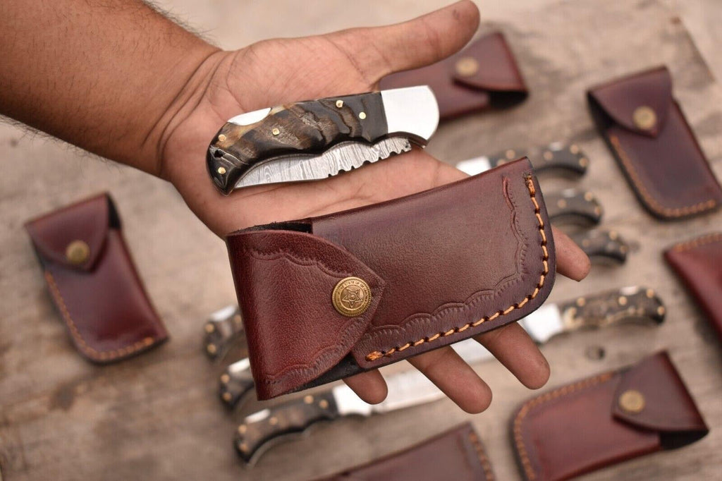 Handmade Damascus Steel Pocket Knife with Ram Horn Handle & Leather Sheath