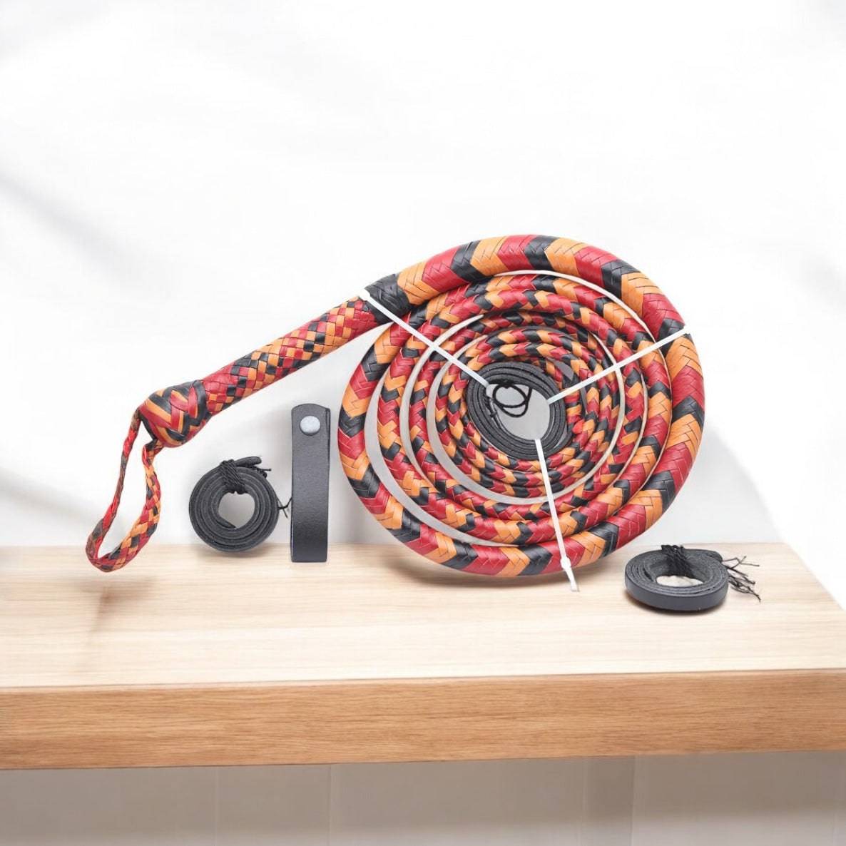 Handmade red, black, and orange leather bullwhip by Knives Gear Garage, 4ft to 16ft length with detailed leather craftsmanship.