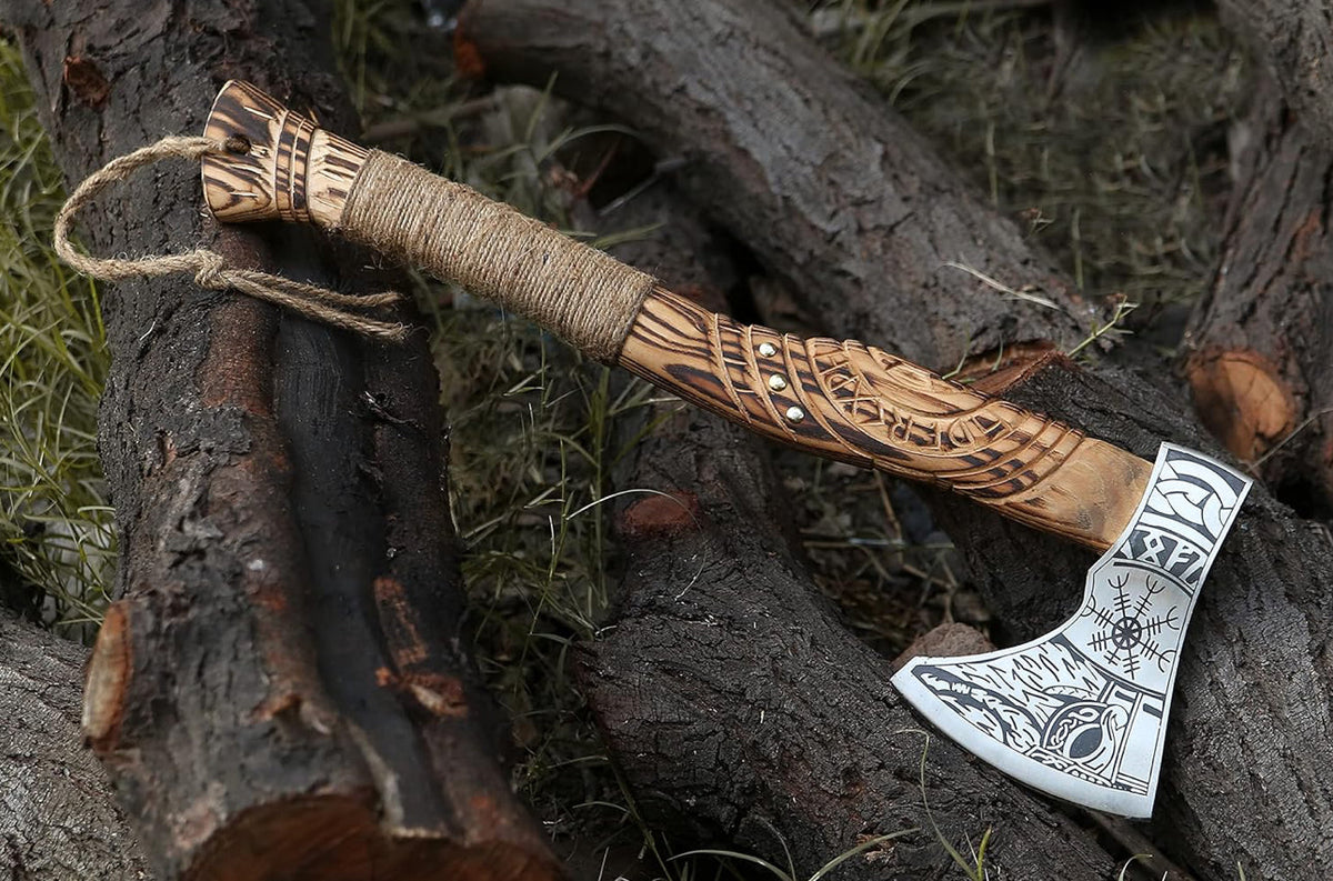 Handmade Viking axe hatchet with forged steel blade and wooden handle, ideal for splitting wood and outdoor use.