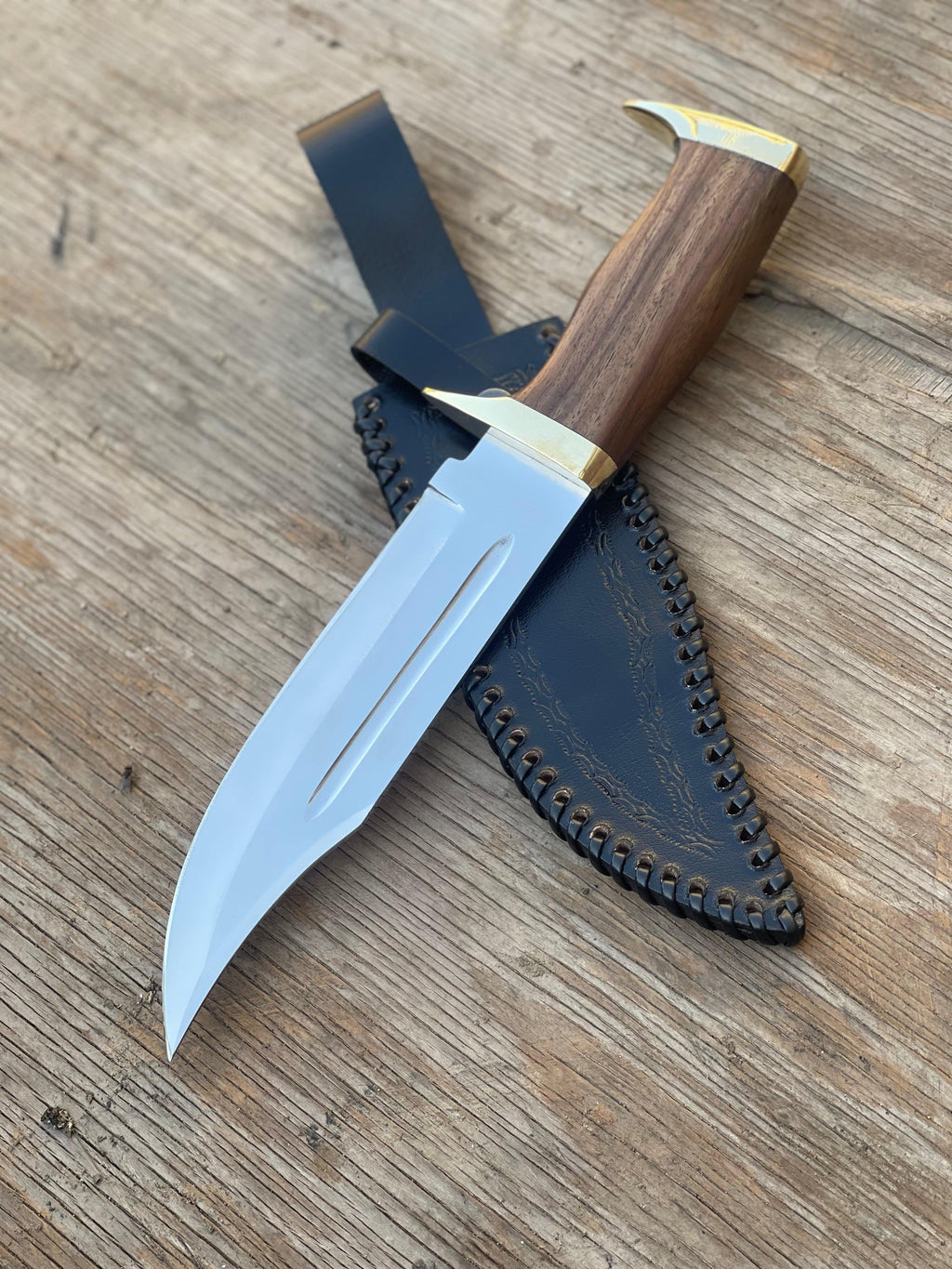 Custom handmade J2 Steel Bowie knife by Knives Gear Garage with brass guard and rosewood handle, 13-inch blade.