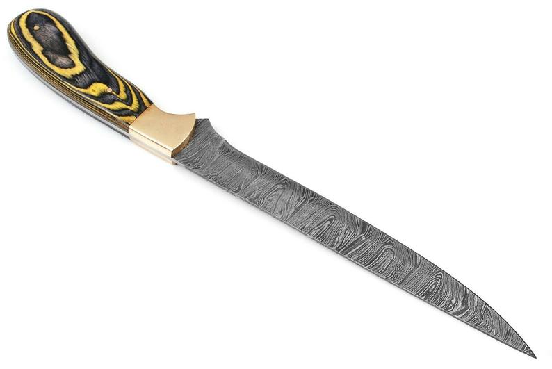 Custom Handmade Damascus Fillet Knife - 12" with Pakka Wood Handle and Brass Bolster