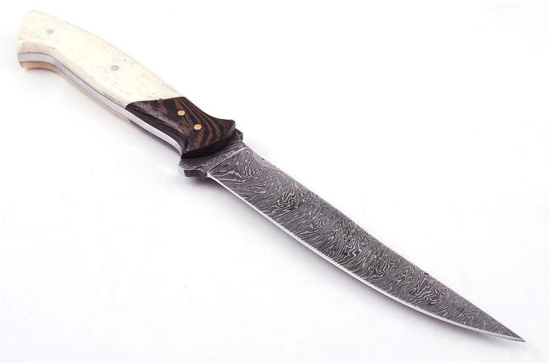 Custom Handmade Damascus Fillet Knife - 12" Bone & Exotic Wood Handle with Brass Bolster and Leather Sheath