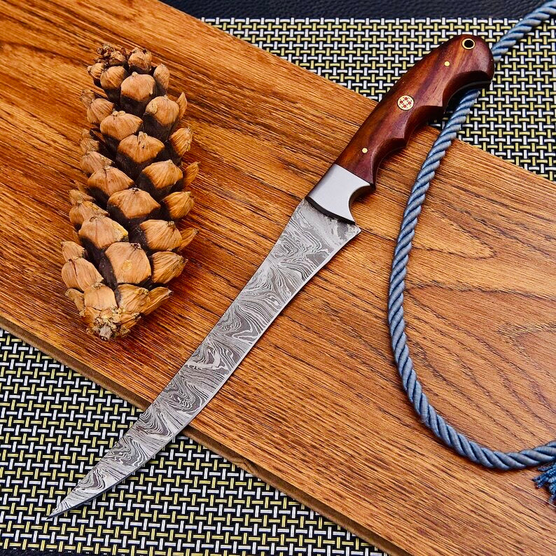 Custom Handmade Damascus Steel Fishing Fillet Knife – 13 Inches, Rosewood Handle with Steel Bolster, Sharp Edge Blade, Leather Sheath