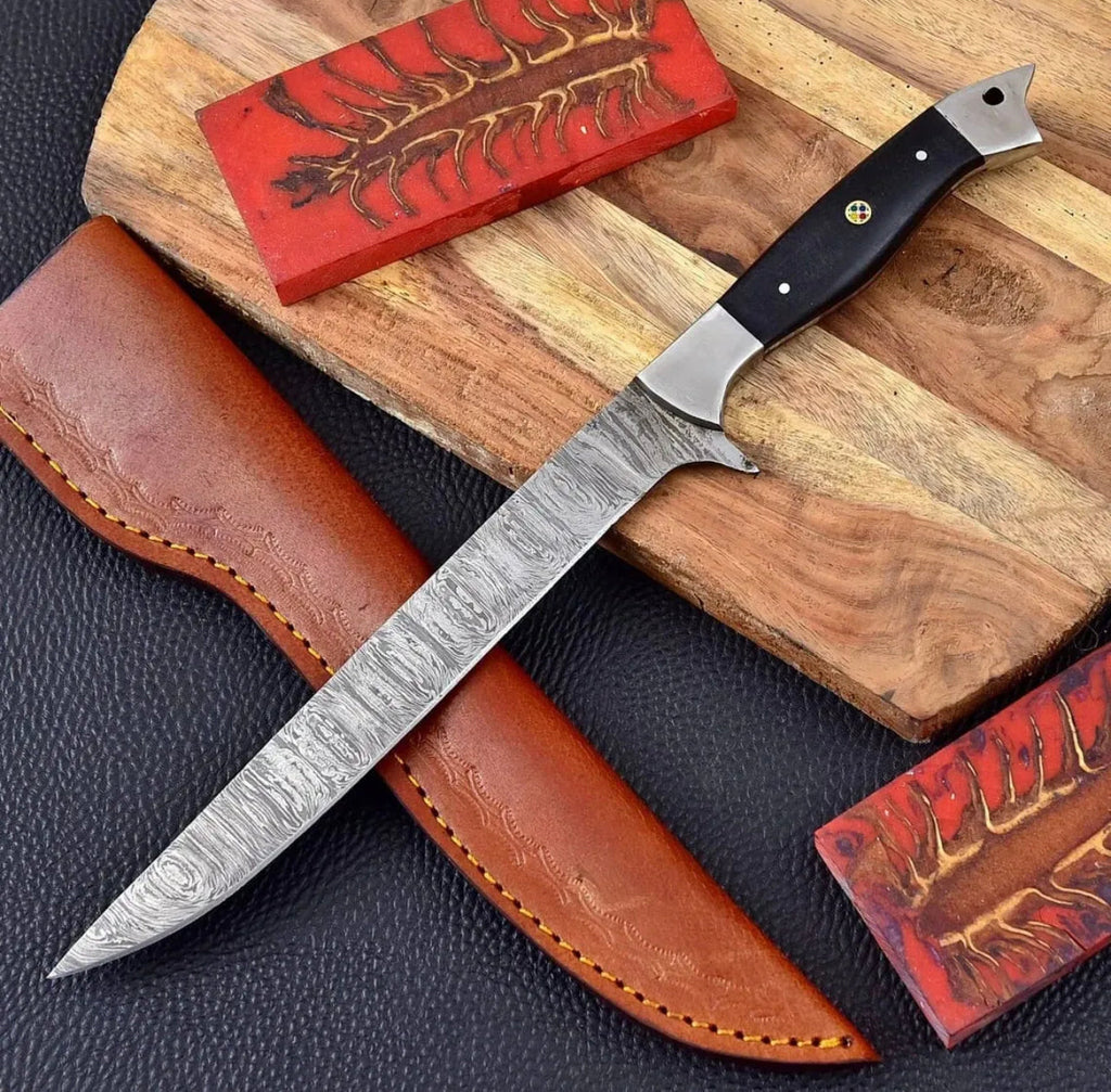 Custom Handmade Damascus Steel Fishing Fillet Knife - 13" Blade with Buffalo Horn Handle and Steel Bolster & Leather Sheath | Top Flexible Fillet Knife