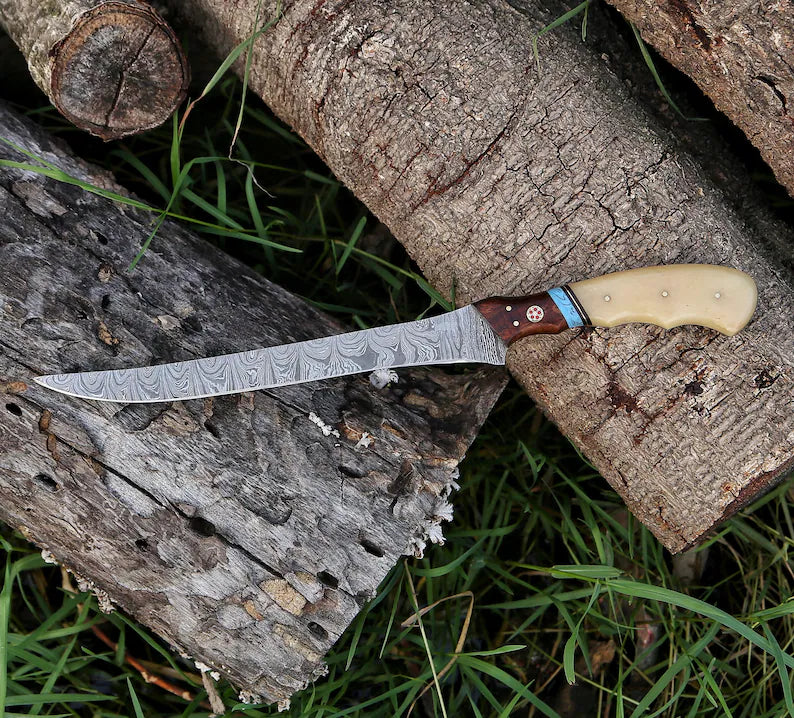 Custom Handmade Damascus Steel Fishing Fillet Knife - 13" Blade with Camel Bone and Rosewood Handle & Leather Sheath | Best Flexible Fillet Knife
