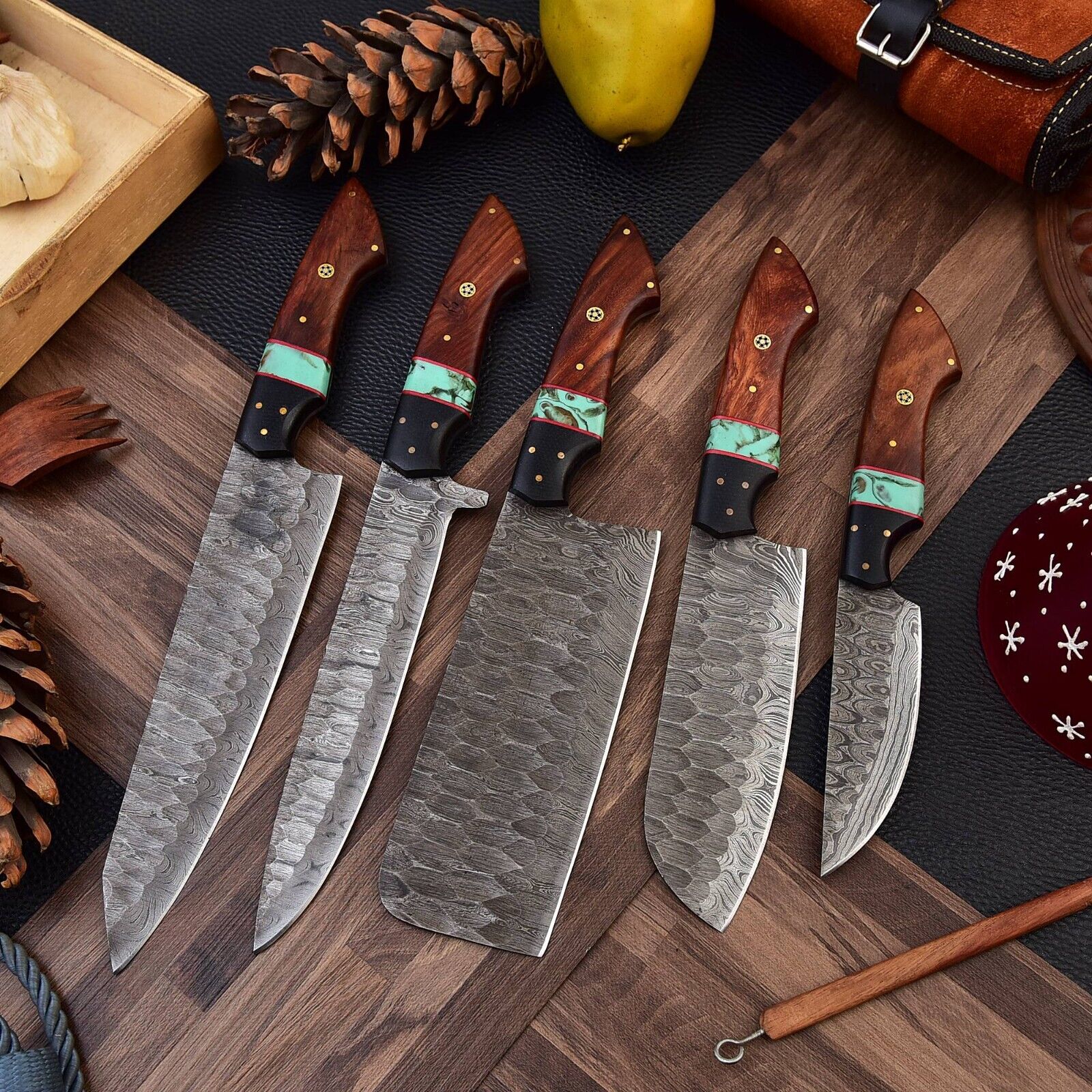 Custom Handmade Damascus Knife Kitchen Set | 9”-13” Blades