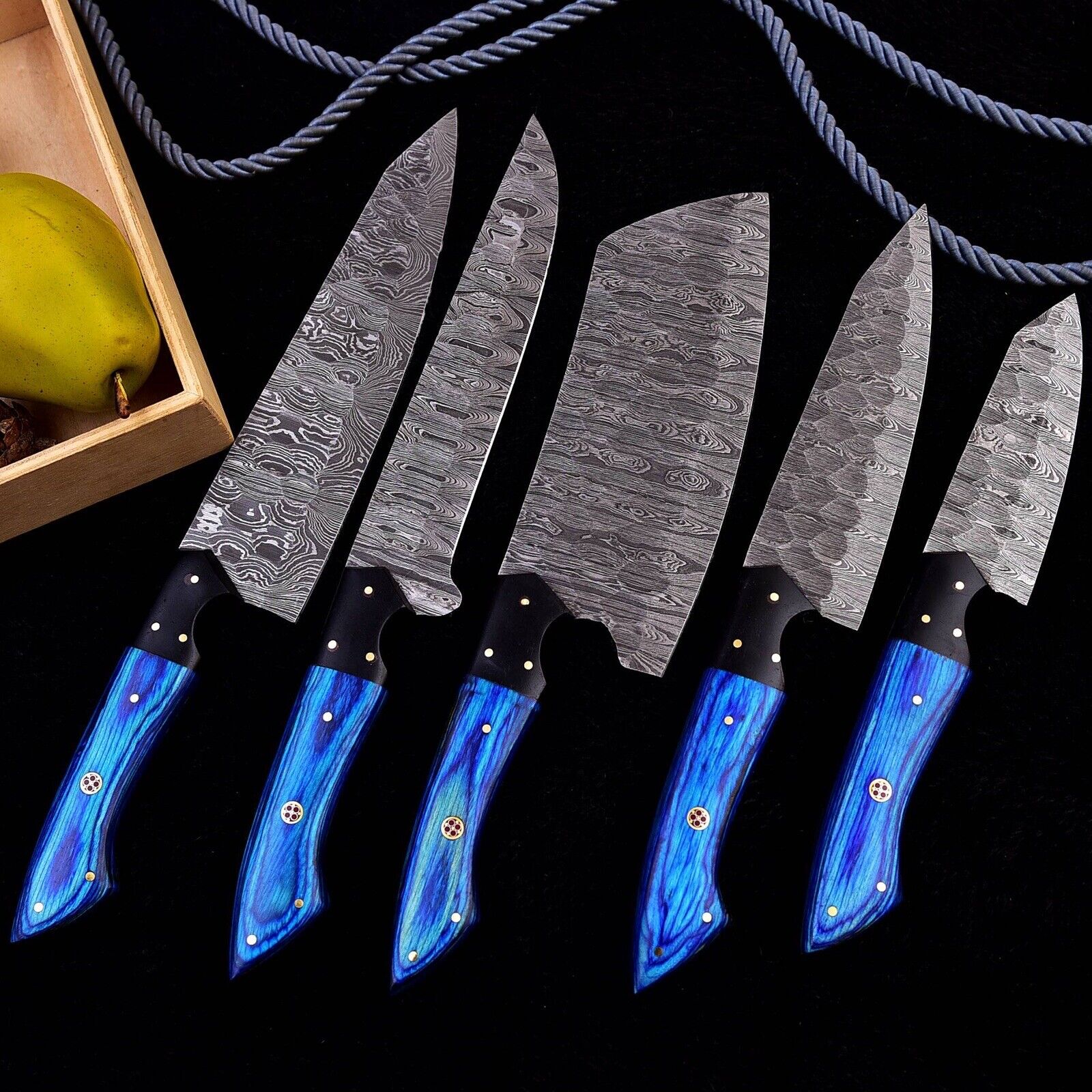 Custom Handmade Damascus Knife Set with Block