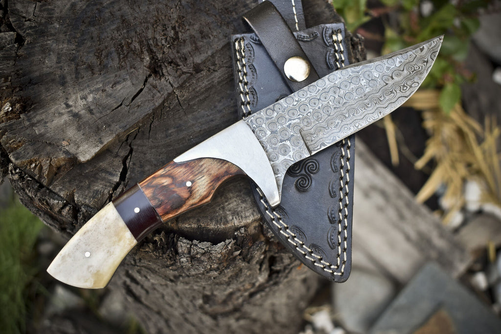 Custom Handmade Damascus Steel Hunting Knife with Pakkawood & Camel Bone Handle, Steel Bolster | Includes Leather Sheath