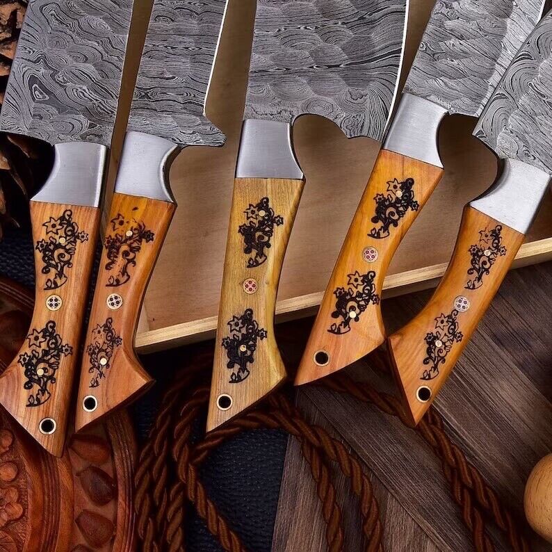 Custom Handmade Damascus Steel Knife Set with Engraved Rosewood Handles