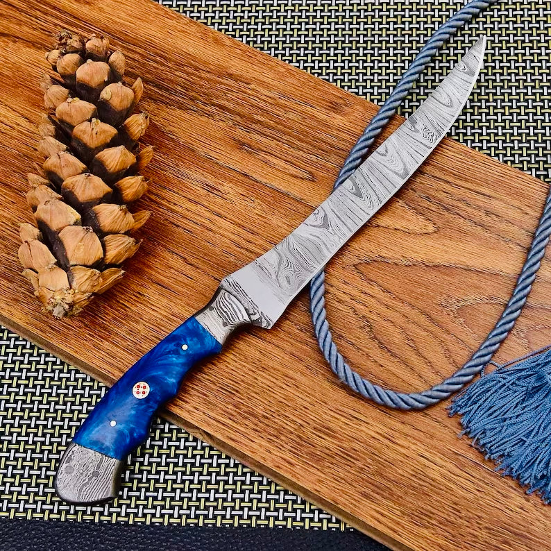 Custom Handmade Damascus Steel Fishing Fillet Knife - 13" with Resin Handle and Damascus Steel Bolster