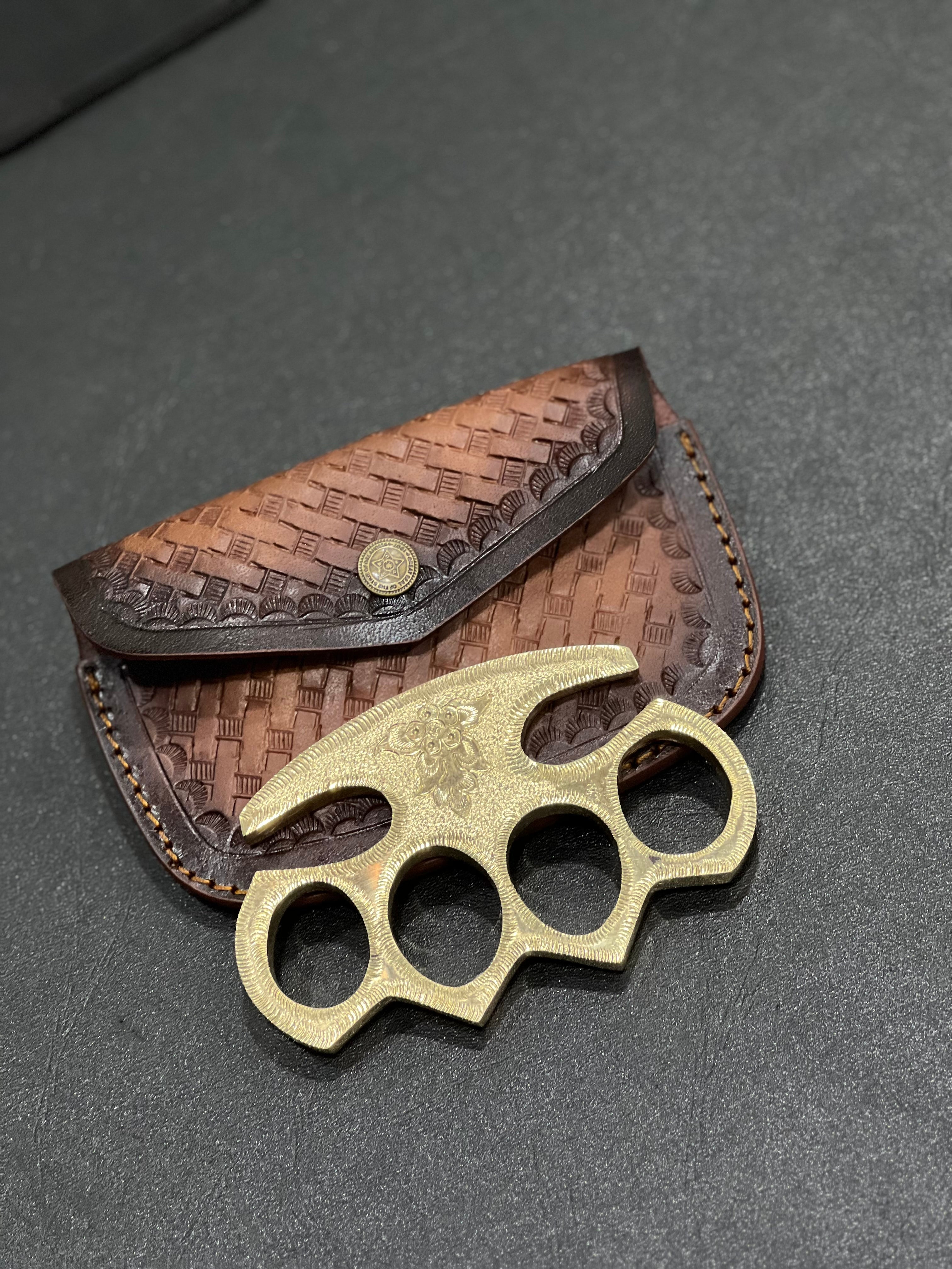 Custom Handmade Solid Brass Engraved Knuckle Duster with Leather Belt Case – Premium Self Defense Gift for Men