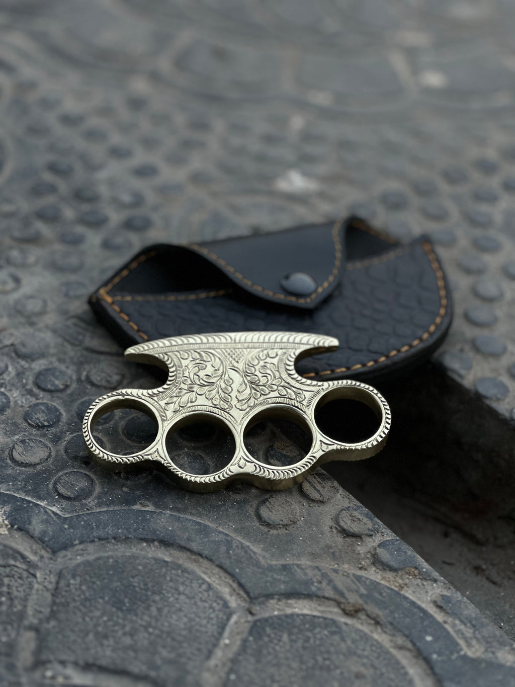 Custom Handmade Engraved Brass Knuckles with Premium Leather Carry Case – Solid Brass EDC Art Piece