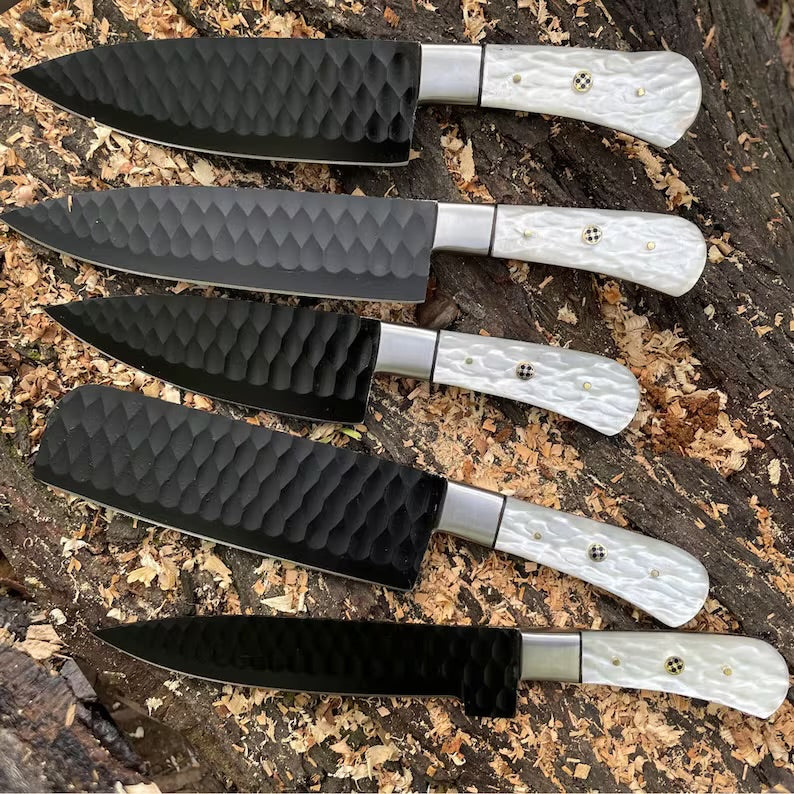 Premium stainless steel kitchen knife set with ergonomic resin handles and leather case by Knives Gear Garage.