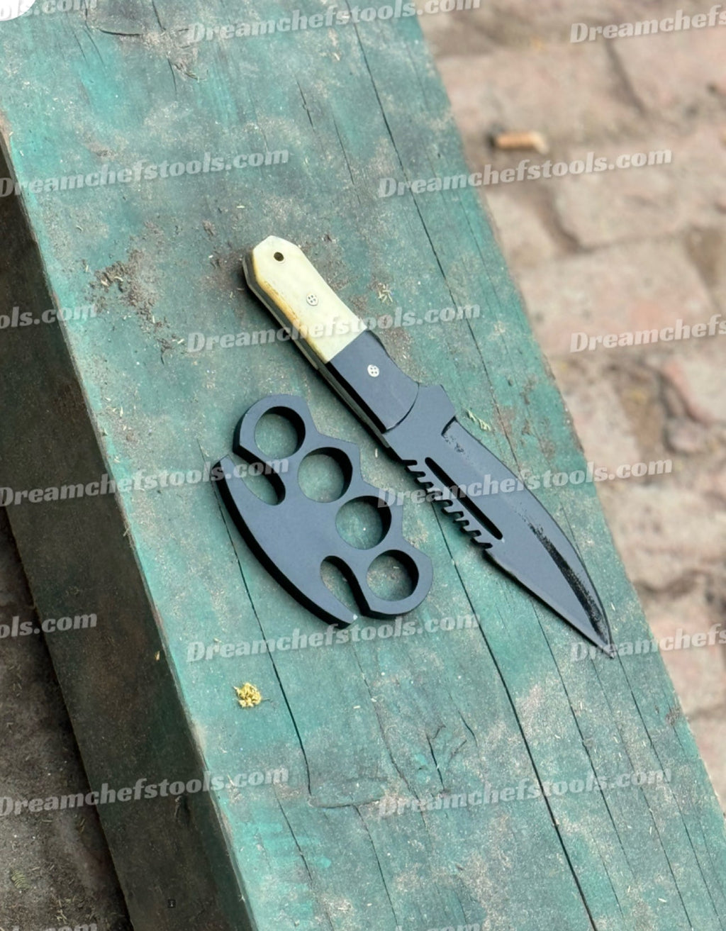 Handmade Sylo Knuckle and Knife Set with Belt Loop Leather Case – Solid Brass Knuckle for Self Defense