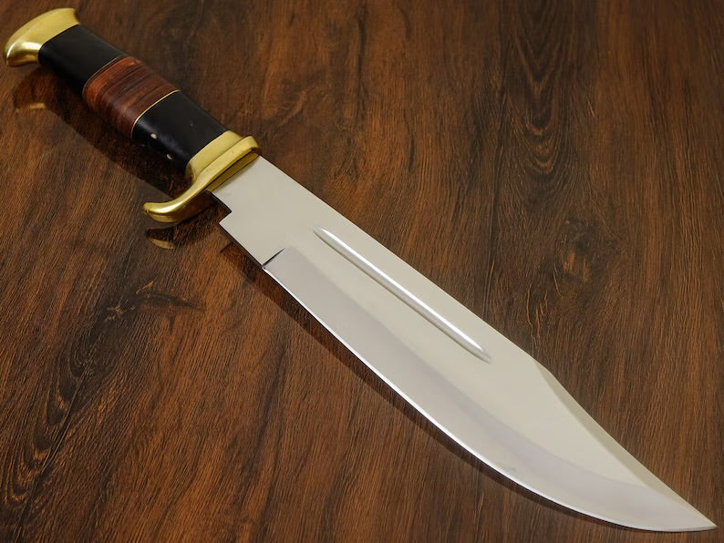 Premium Knives Gear Garage Crocodile Dundee Bowie Knife, 16-inch with brass guard, buffalo horn handle, leather sheath.