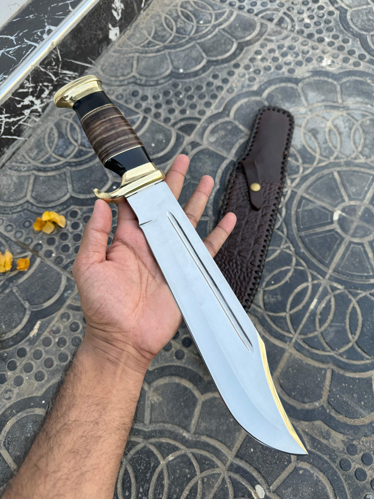Custom handmade J2 steel Crocodile Dundee Bowie knife with brass guard and leather handle, 16-inch length, by Knives Gear Garage.