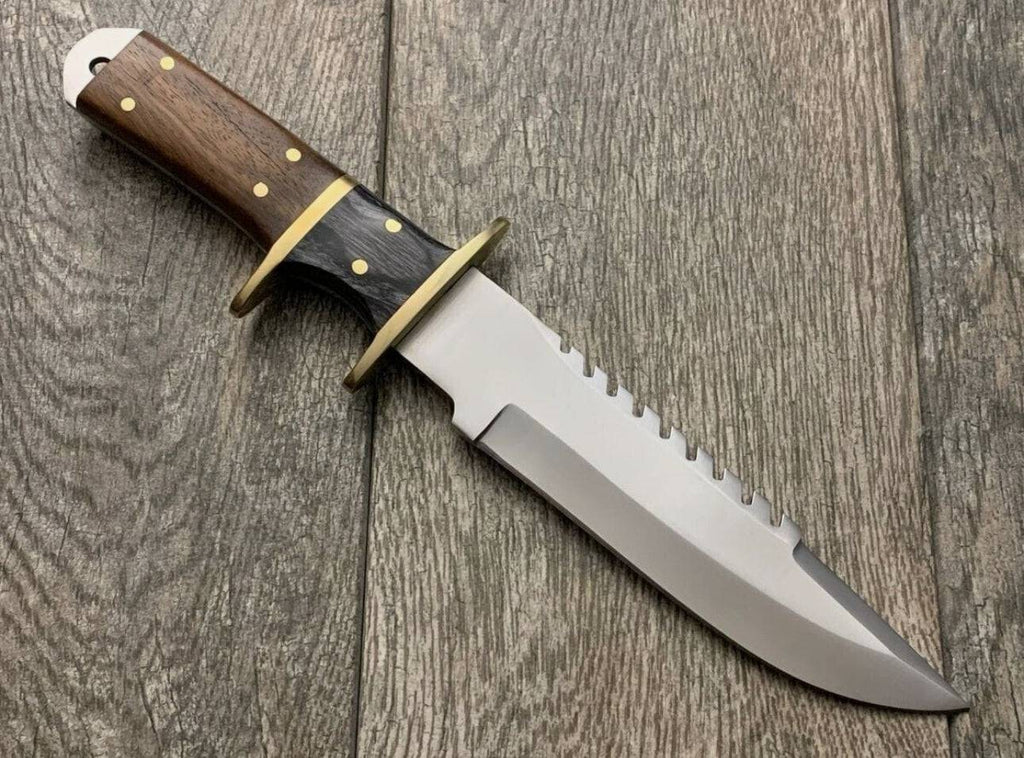 Handmade knife with brass guard and rose wood handle by cskforged, showcasing detailed craftsmanship and polished wood grain.