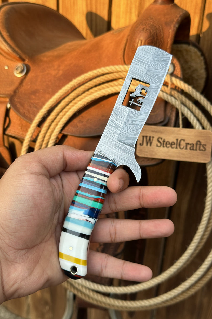 Damascus Bull Cutter Knife — Multi-Color Rainbow Resin Handle, Christian Cross Blade Engraving, Steel Bolster & Lanyard Hole