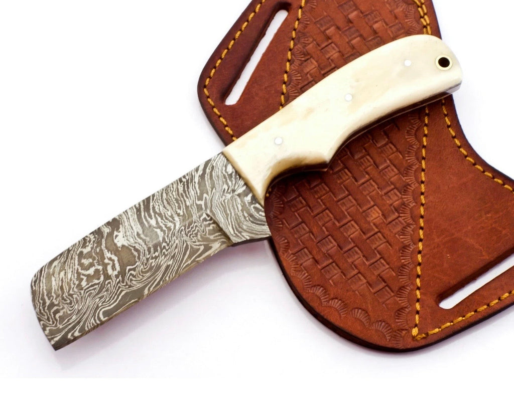 Damascus Camel Bone Tanto Bull Cutter with a Sharp Angular Point