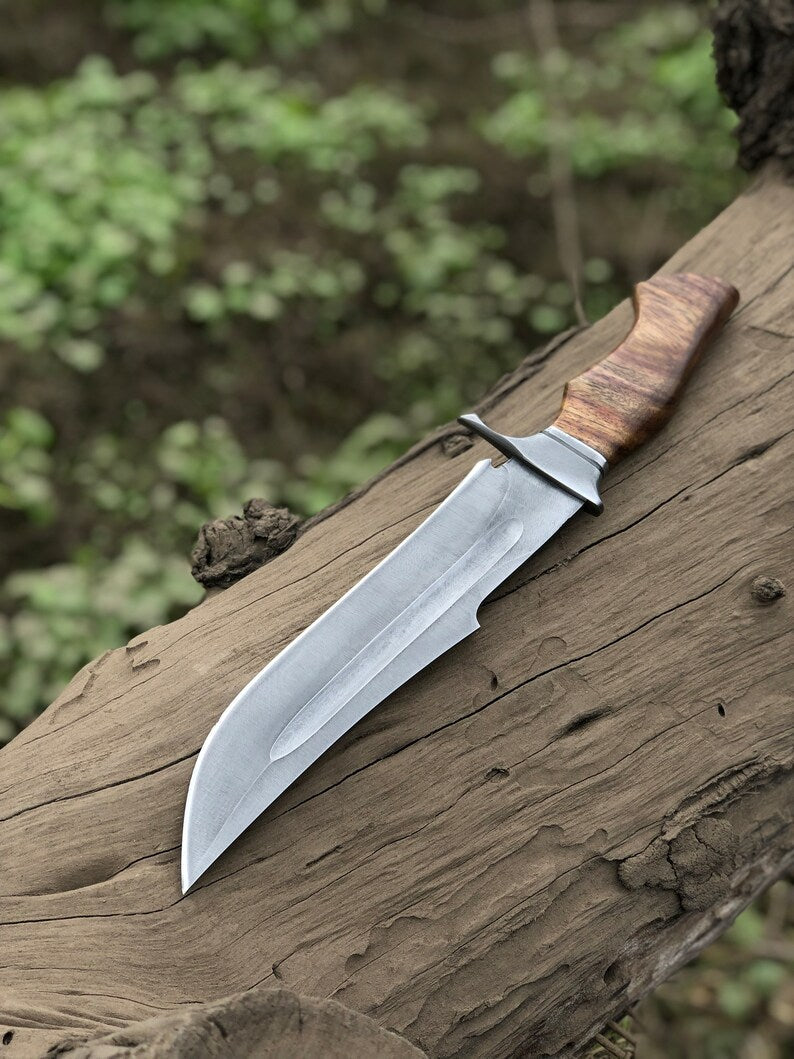 Custom handmade 15-inch D2 steel Bowie knife with acid wash finish, rosewood handle, and steel guard from Knives Gear Garage.