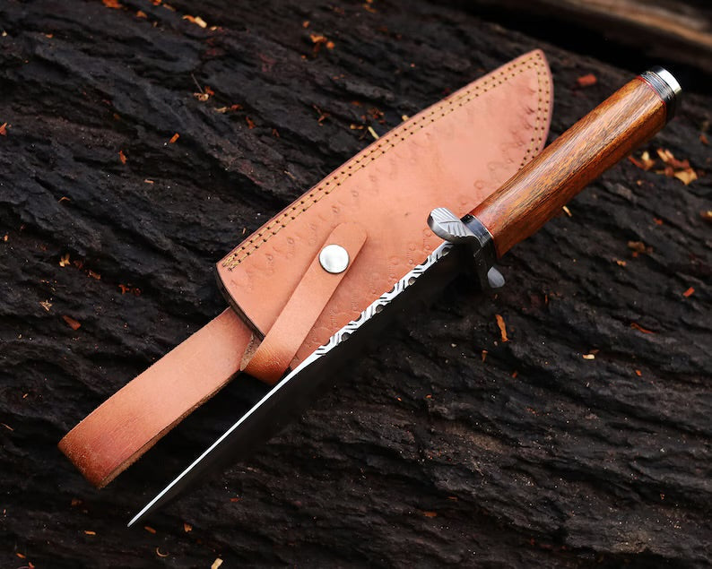 Custom handmade J2 steel Bowie knife with 13-inch bone handle, steel guard, and leather sheath, crafted by Knives Gear Garage.