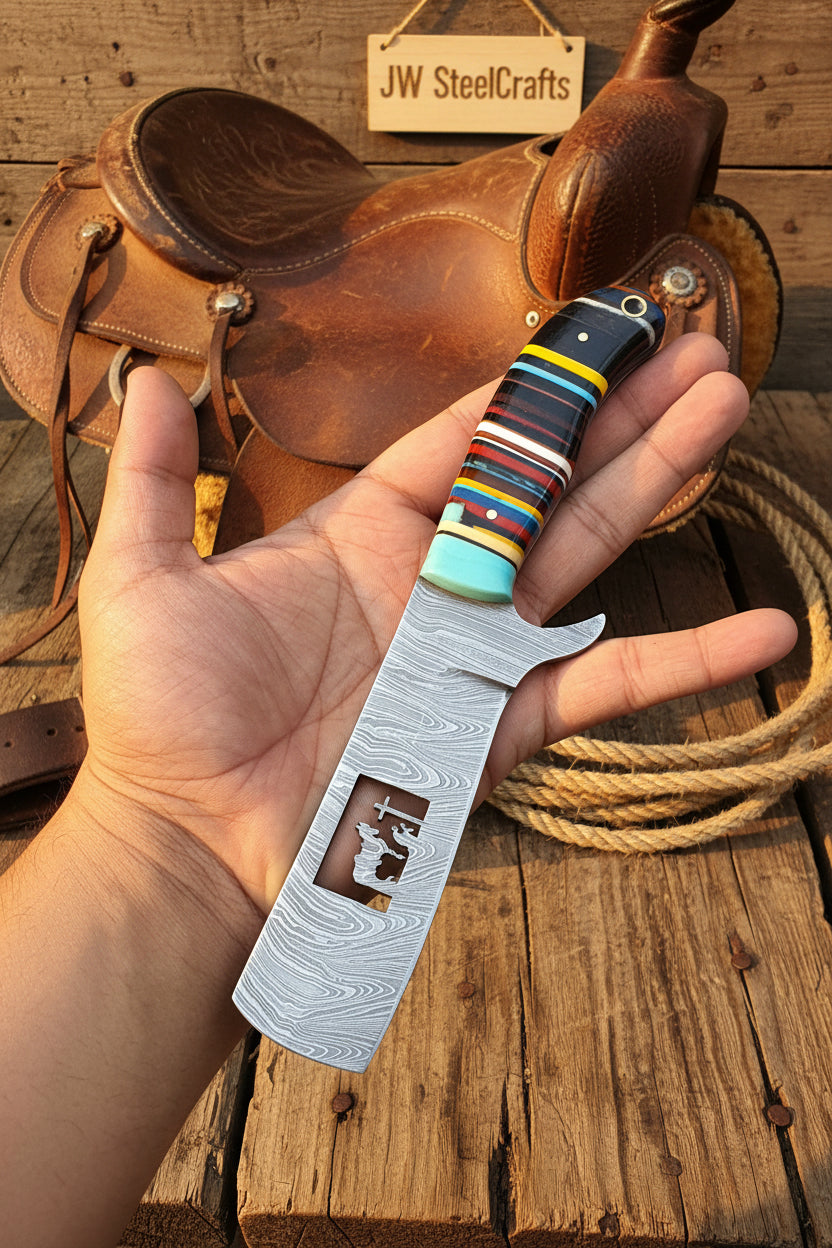 Damascus Bull Cutter Knife — Multi-Color Rainbow Resin Handle, Christian Cross Blade Engraving, Steel Bolster & Lanyard Hole