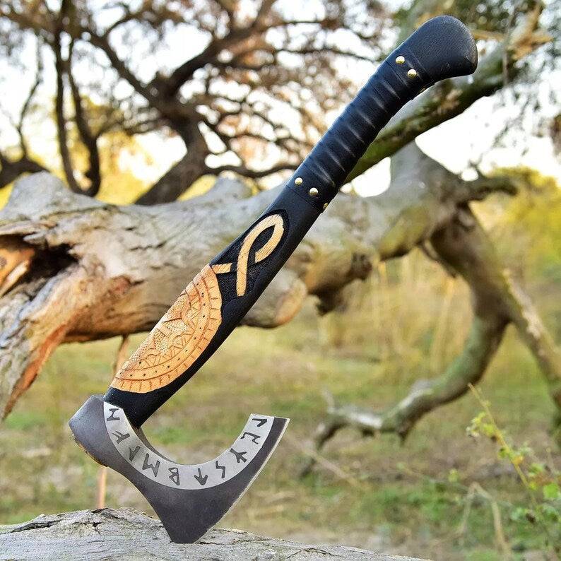 Custom forged Viking axe with wood handle and leather sheath, handcrafted carbon steel axe for woodworking or gift-giving.