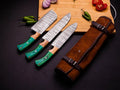 Custom handmade Damascus kitchen knife set with premium Pakkawood handles, featuring multiple knives with intricate blade patterns.
