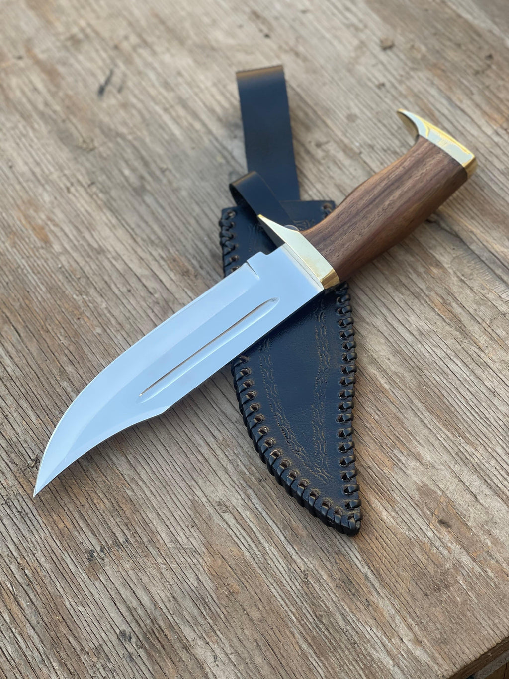 Custom handmade J2 Steel Bowie Knife with brass guard and rosewood handle, 13-inch length, by Knives Gear Garage.