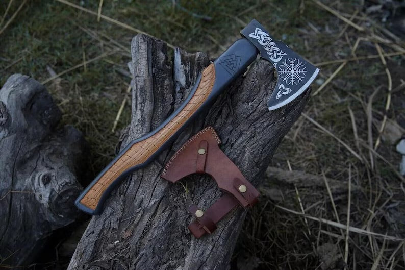 Handmade carbon steel Viking axe with leather sheath from Knives Gear Garage, ideal for hunting, outdoor, and camping activities.