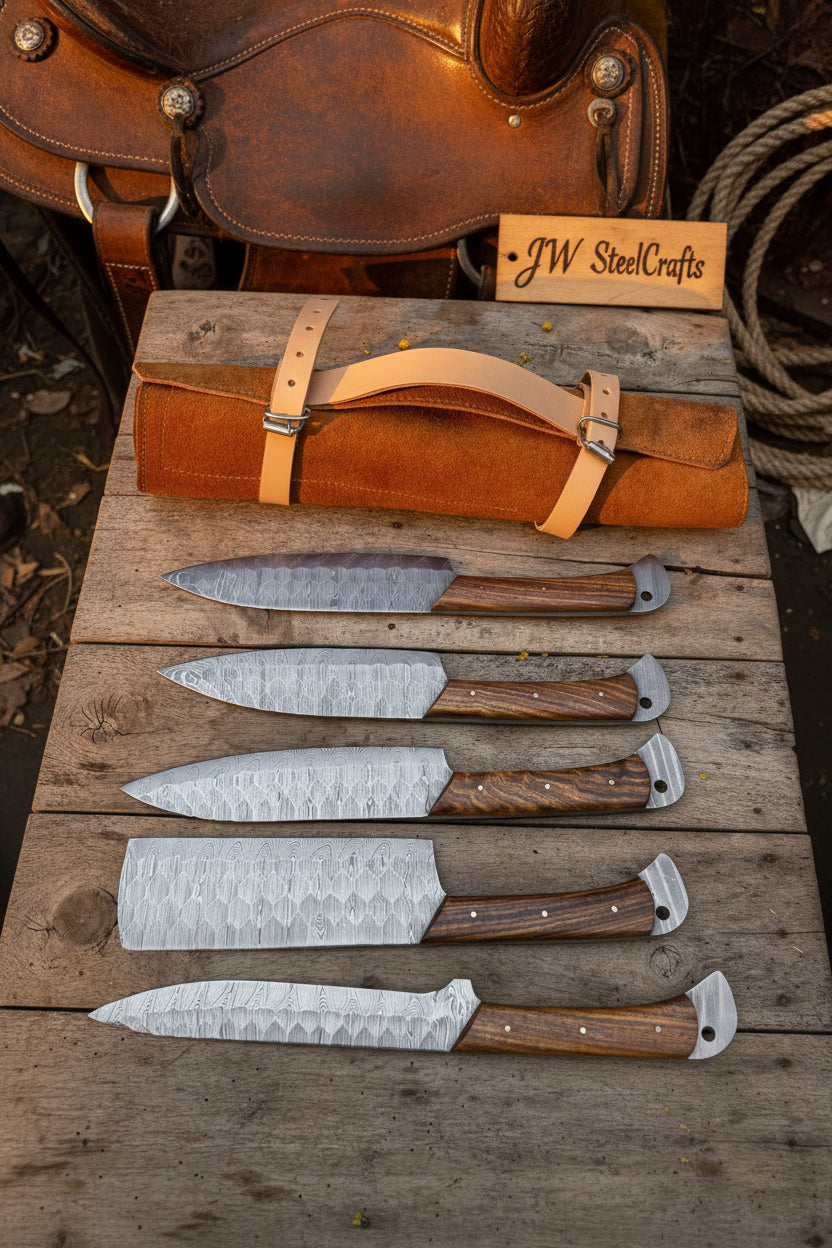 Hand Forged Damascus Chef Knife Set, Natural Wood Handle, Full Tang Kitchen Knife Collection