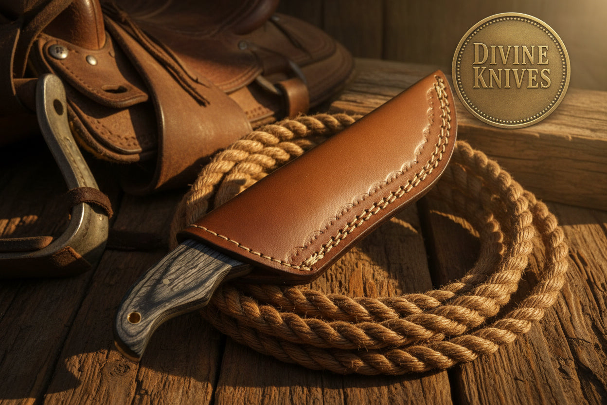 Yellow Accent Damascus Knife with Gray Wood Handle and Lanyard Hole